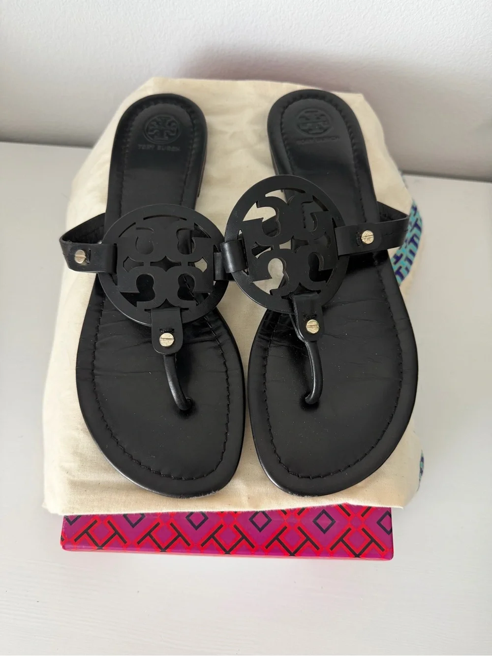 Tory Burch Black Miller Logo Thong Sandals with Gold Studs